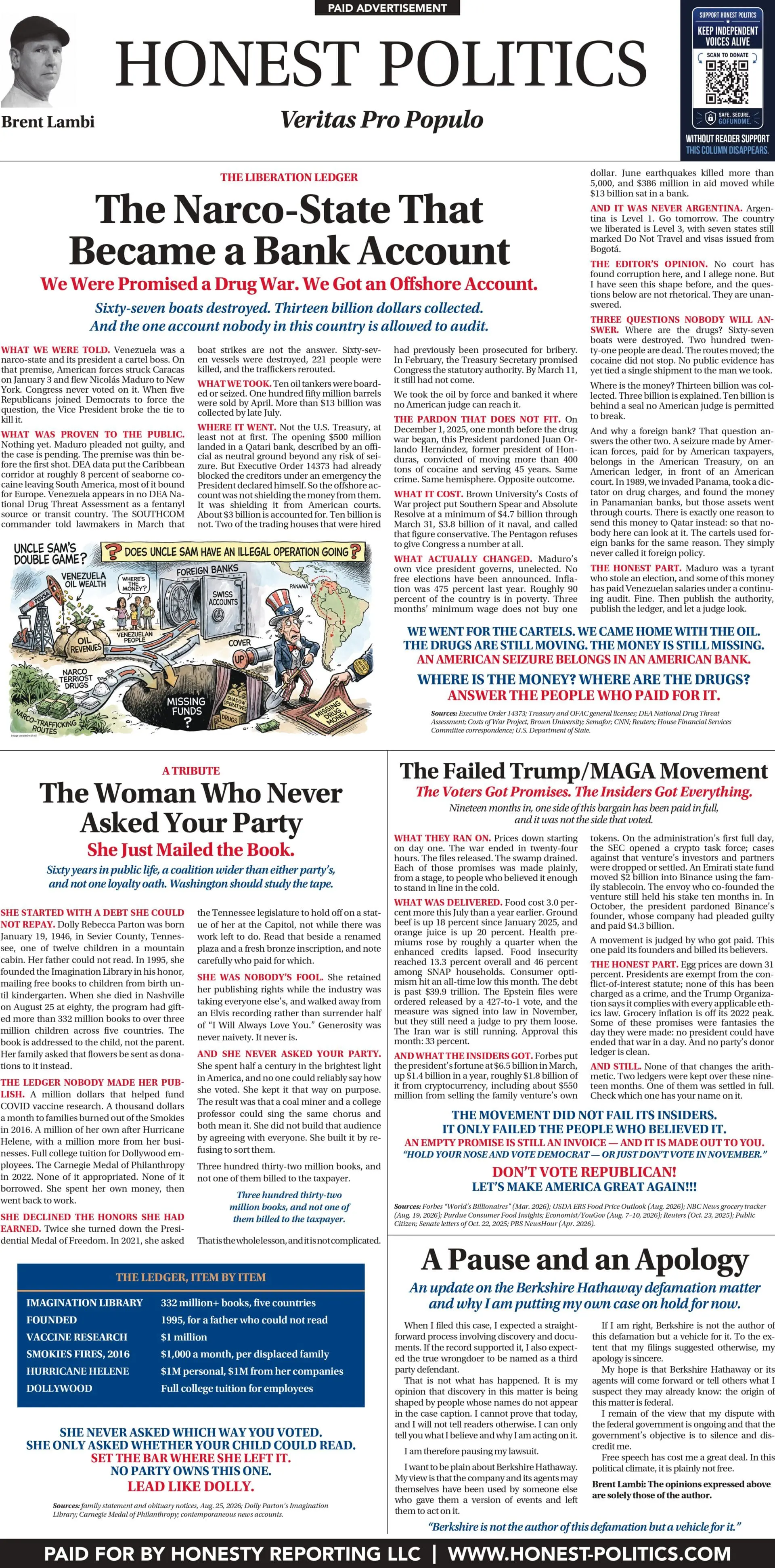 As Seen in the Des Moines Register and the Omaha World-Herald: The Narco-State That Became a Bank Account / The Woman Who Never Asked Your Party / The Failed Trump MAGA Movement / A Pause and an Apology