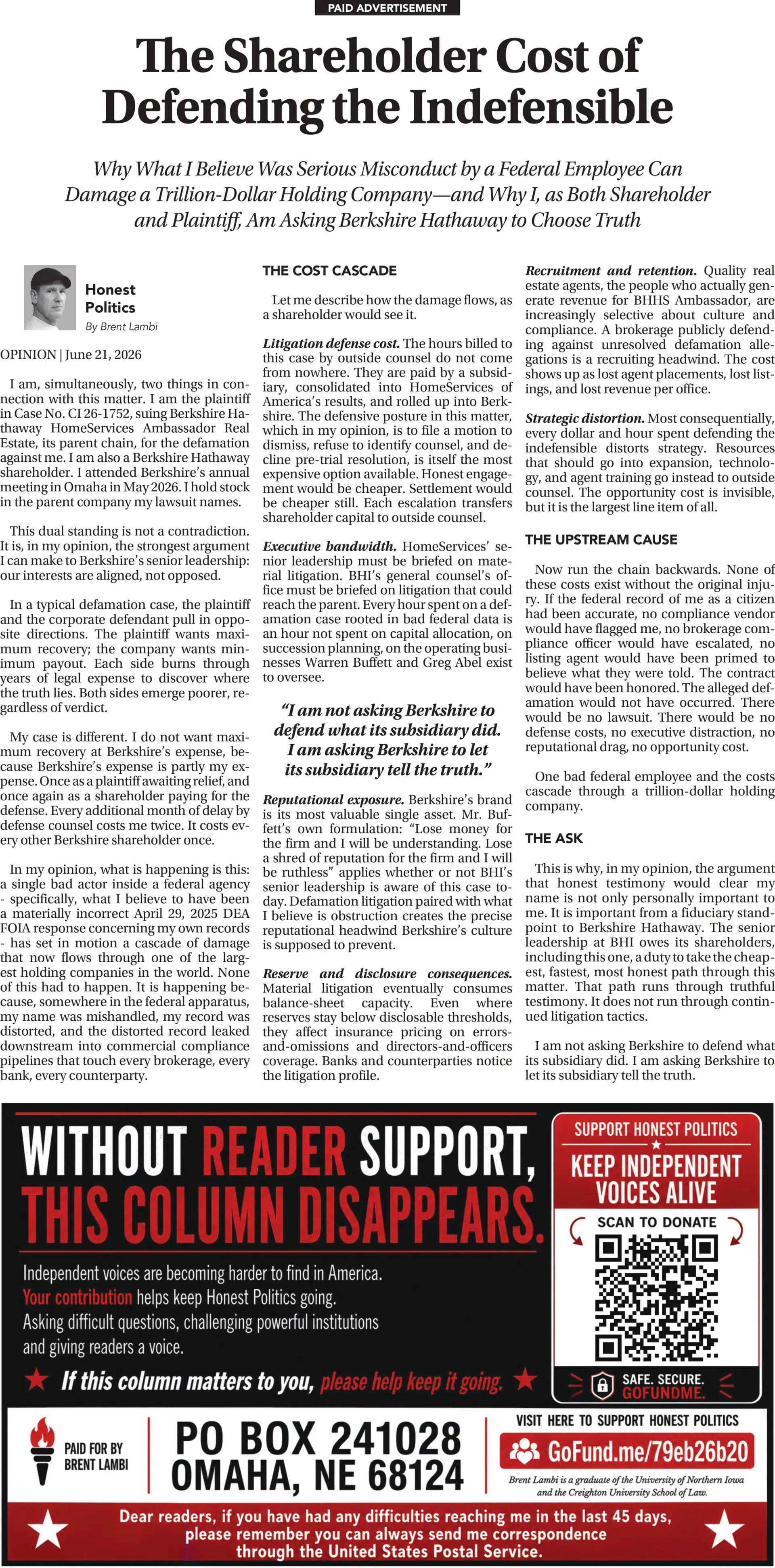 The Shareholder Cost of Defending the Indefensible: Why What I Believe Was Serious Misconduct by a Federal Employee Can Damage a Trillion-Dollar Holding Company—and Why I, as Both Shareholder and Plaintiff, Am Asking Berkshire Hathaway to Choose Truth