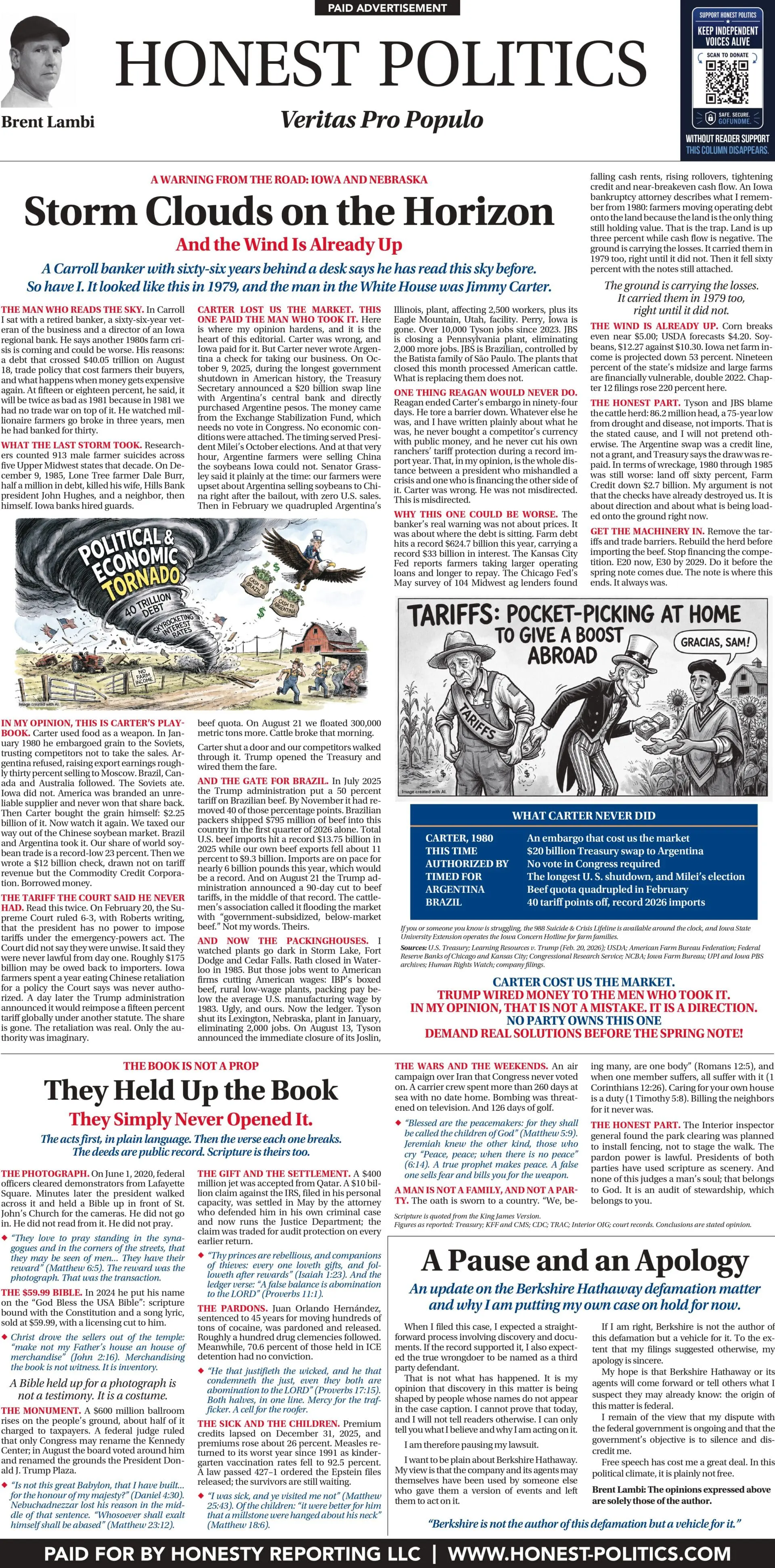 As Seen in the Des Moines Register and the Omaha World-Herald: Storm Clouds on the Horizon / They Held Up the Book / A Pause and an Apology
