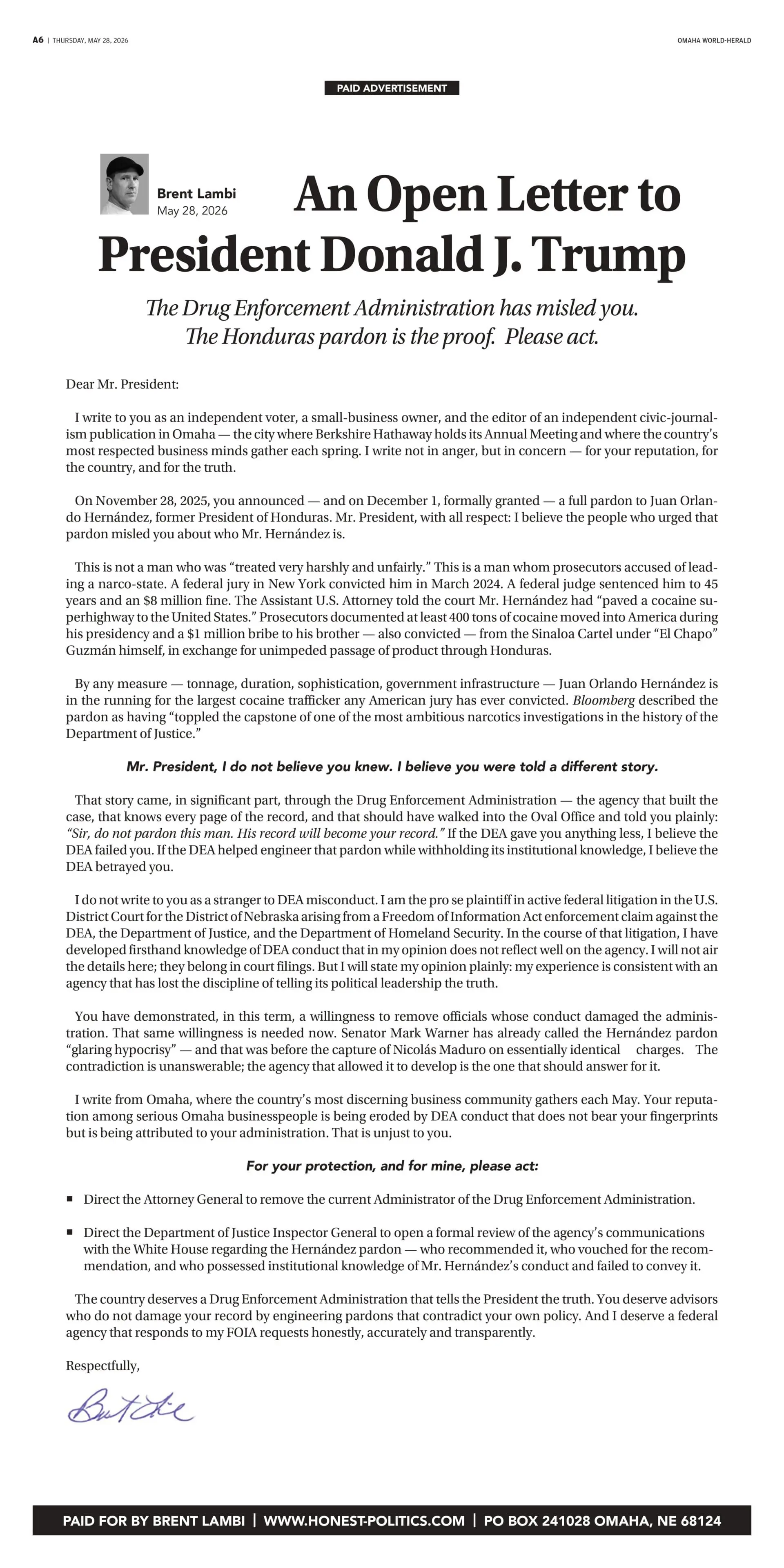An Open Letter to President Donald J. Trump: The Drug Enforcement Administration has misled you. The Honduras pardon is the proof. Please act.
