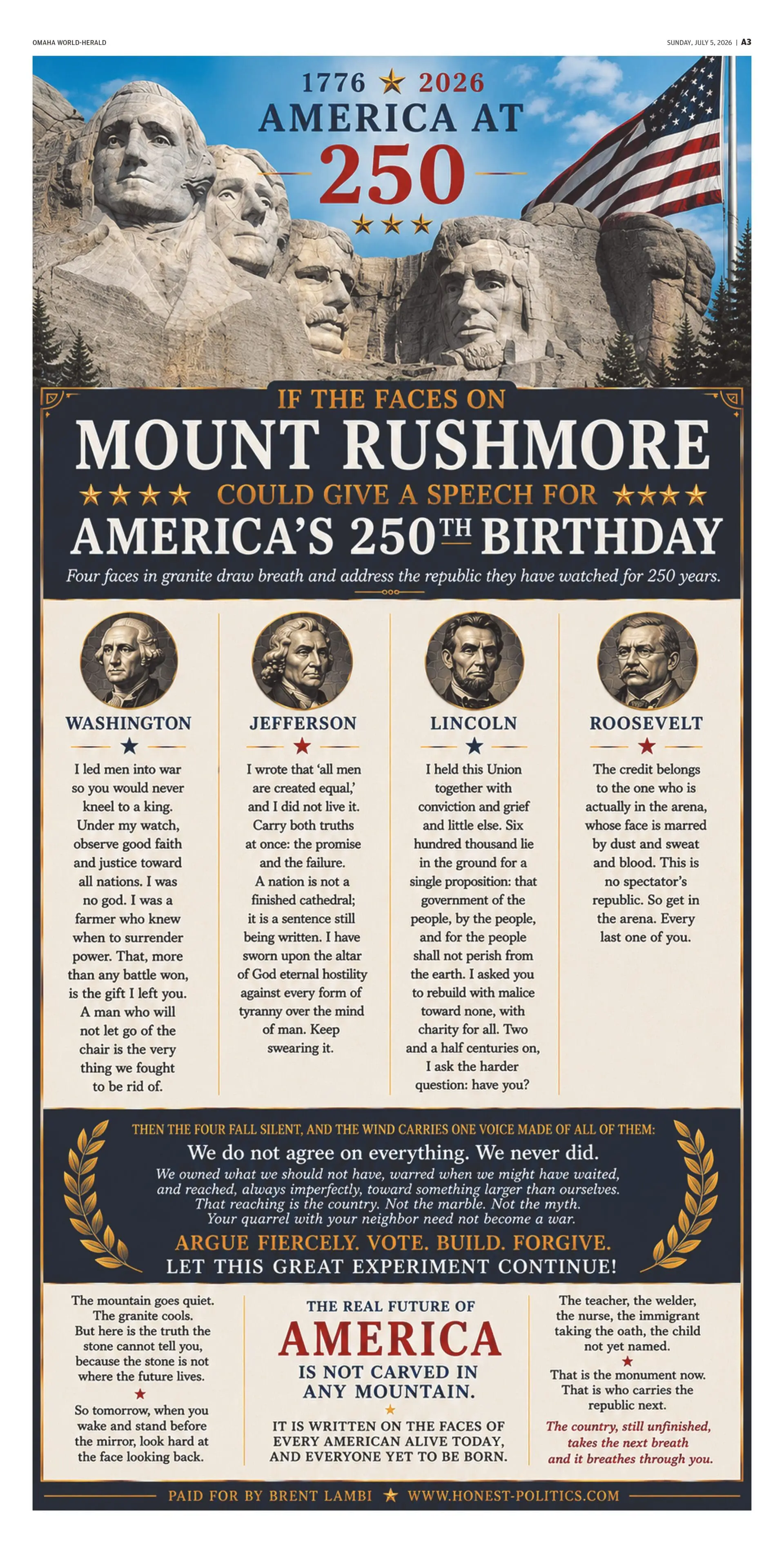 If the faces on Mount Rushmore could give a speech for America’s 250th birthday.