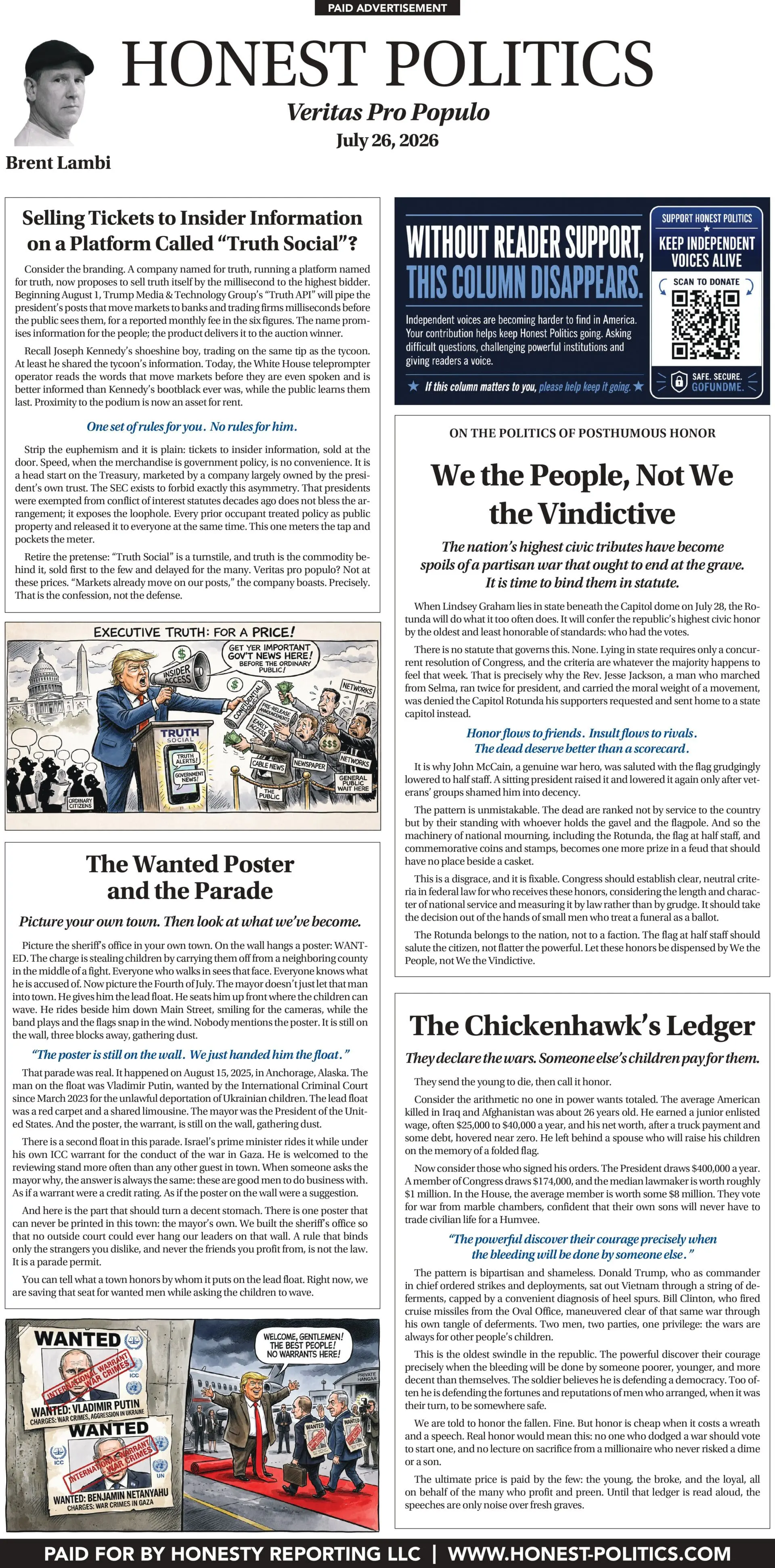Selling Tickets to Insider Information on a Platform Called “Truth Social”? / We the People, Not We the Vindictive / The Wanted Poster and the Parade / The Chickenhawk’s Ledger