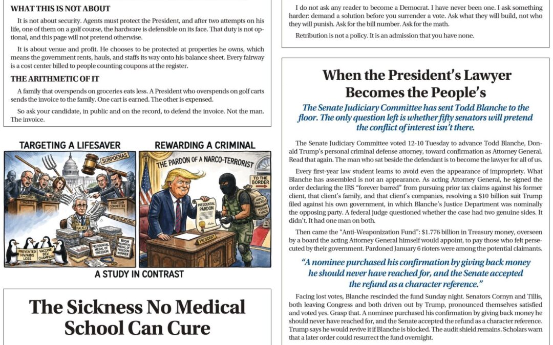 The Tale of Two Carts / The Sickness No Medical School Can Cure / Political Solutions Needed, Not Political Retribution / When the President’s Lawyer Becomes the People’s