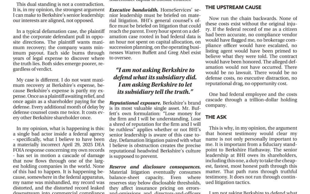 The Shareholder Cost of Defending the Indefensible: Why What I Believe Was Serious Misconduct by a Federal Employee Can Damage a Trillion-Dollar Holding Company—and Why I, as Both Shareholder and Plaintiff, Am Asking Berkshire Hathaway to Choose Truth