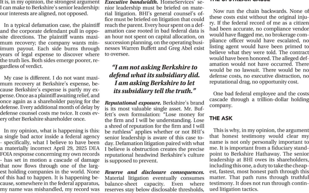 The Shareholder Cost of Defending the Indefensible: Why What I Believe Was Serious Misconduct by a Federal Employee Can Damage a Trillion-Dollar Holding Company—and Why I, as Both Shareholder and Plaintiff, Am Asking Berkshire Hathaway to Choose Truth