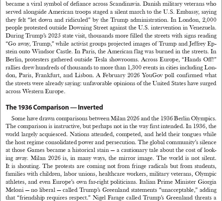 The World is Watching – And it is Not Applauding 02/15/26